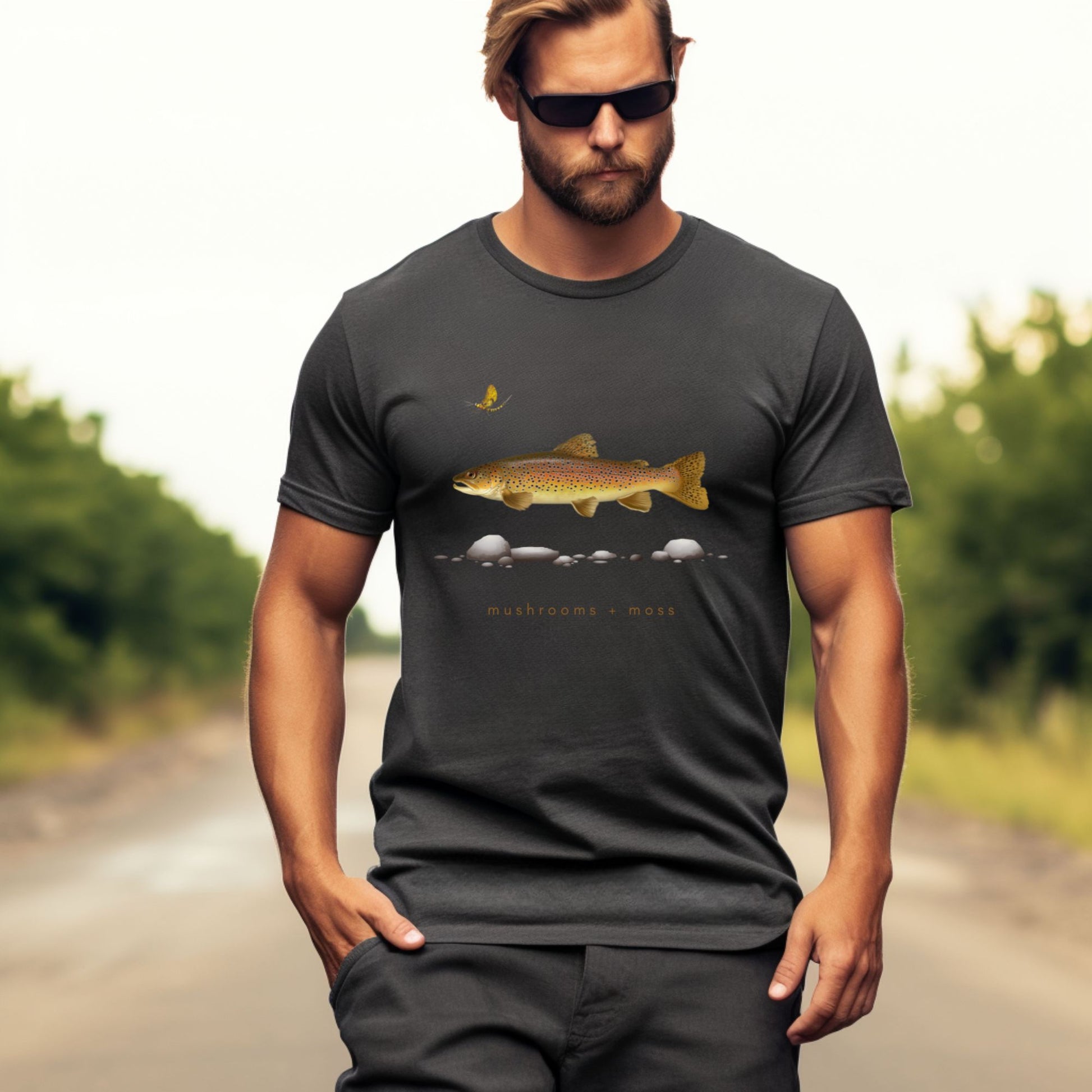 Brown Trout Fishing Unisex Tee – Mushrooms and Moss